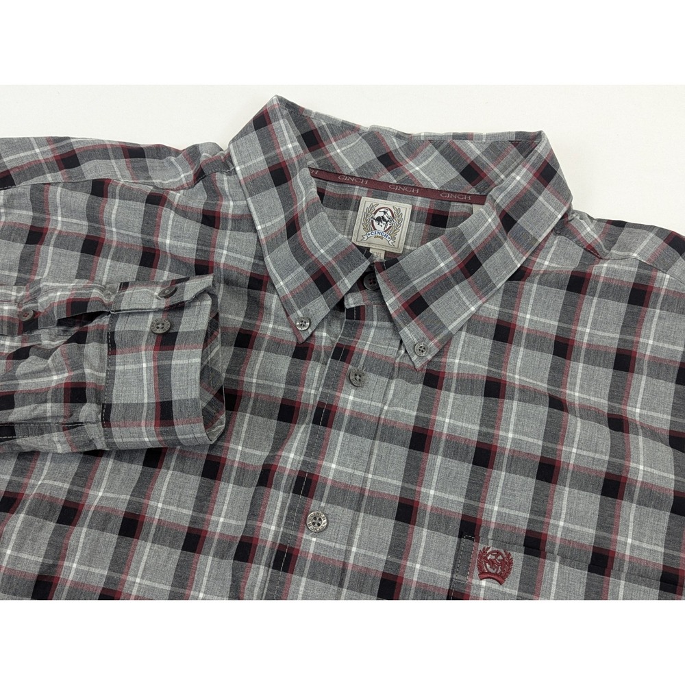 Cinch Western Shirt Mens XXL Check Gray Black Red Cotton LongSleeve Button Down‎